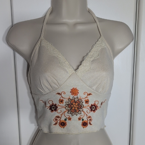ROMWE Tops - ROMWE Cream Halter Top with Floral Embroidery